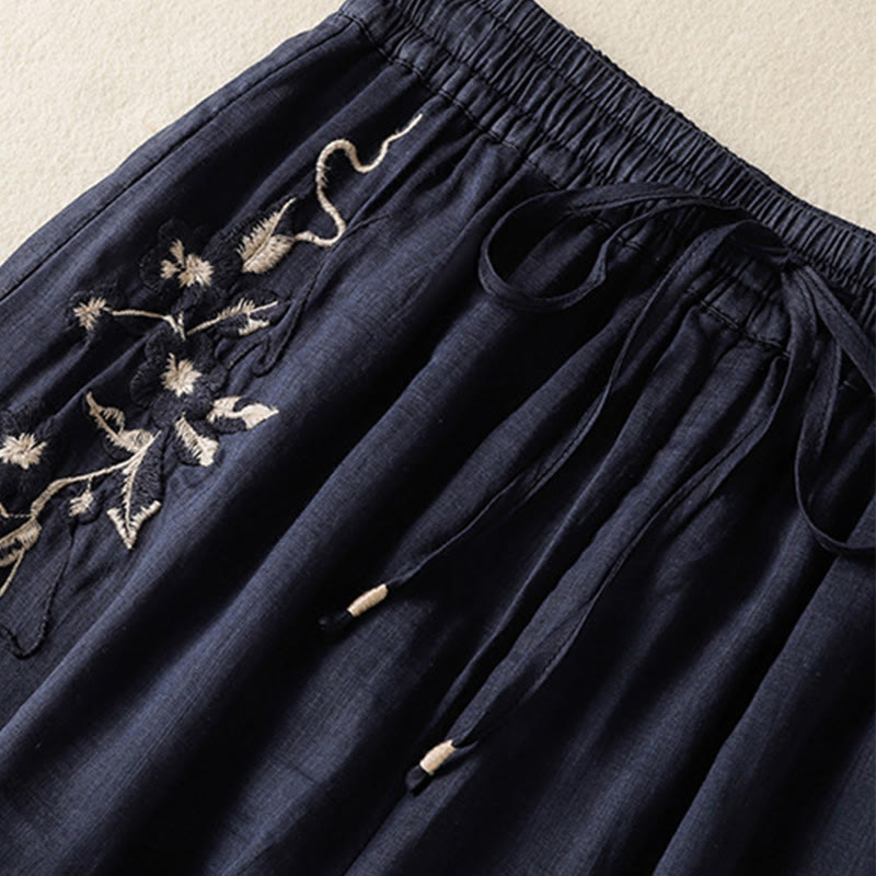 Buddha Stones Commute Embroidery Drawstring Women's Cotton Wide Leg Pants With Pockets - image 5