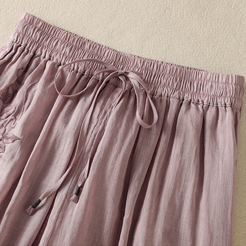 Buddha Stones Commute Embroidery Drawstring Women's Cotton Wide Leg Pants With Pockets - image 37