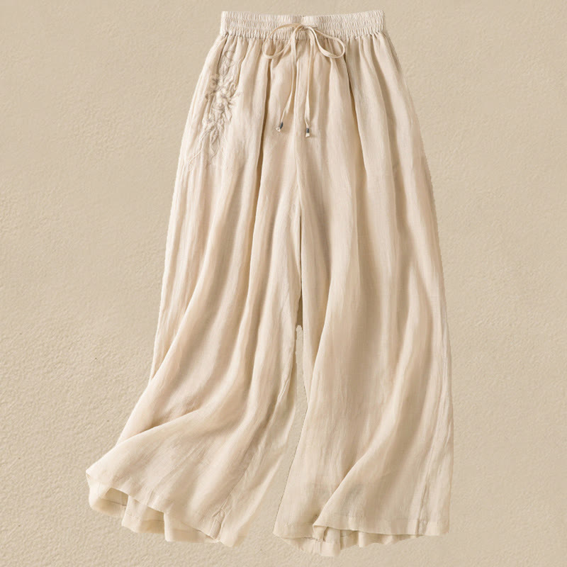 Buddha Stones Commute Embroidery Drawstring Women's Cotton Wide Leg Pants With Pockets - Beige - US8-10,UK/AU12-14,EU40-42 (2XL) - image 8