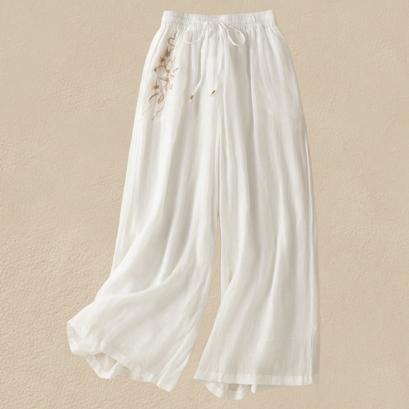 Buddha Stones Commute Embroidery Drawstring Women's Cotton Wide Leg Pants With Pockets - White - US8-10,UK/AU12-14,EU40-42 (2XL) - image 26