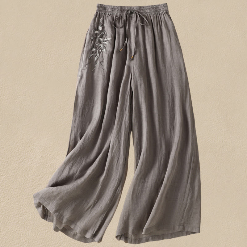 Buddha Stones Commute Embroidery Drawstring Women's Cotton Wide Leg Pants With Pockets - Gray - US8-10,UK/AU12-14,EU40-42 (2XL) - image 43