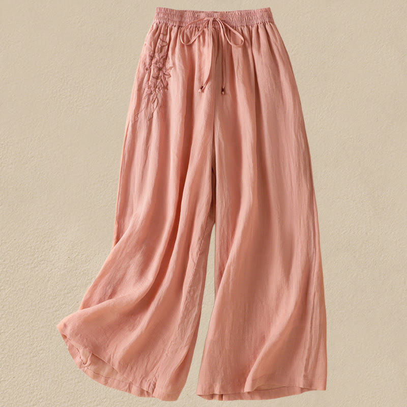 Buddha Stones Commute Embroidery Drawstring Women's Cotton Wide Leg Pants With Pockets - Coral - US8-10,UK/AU12-14,EU40-42 (2XL) - image 18