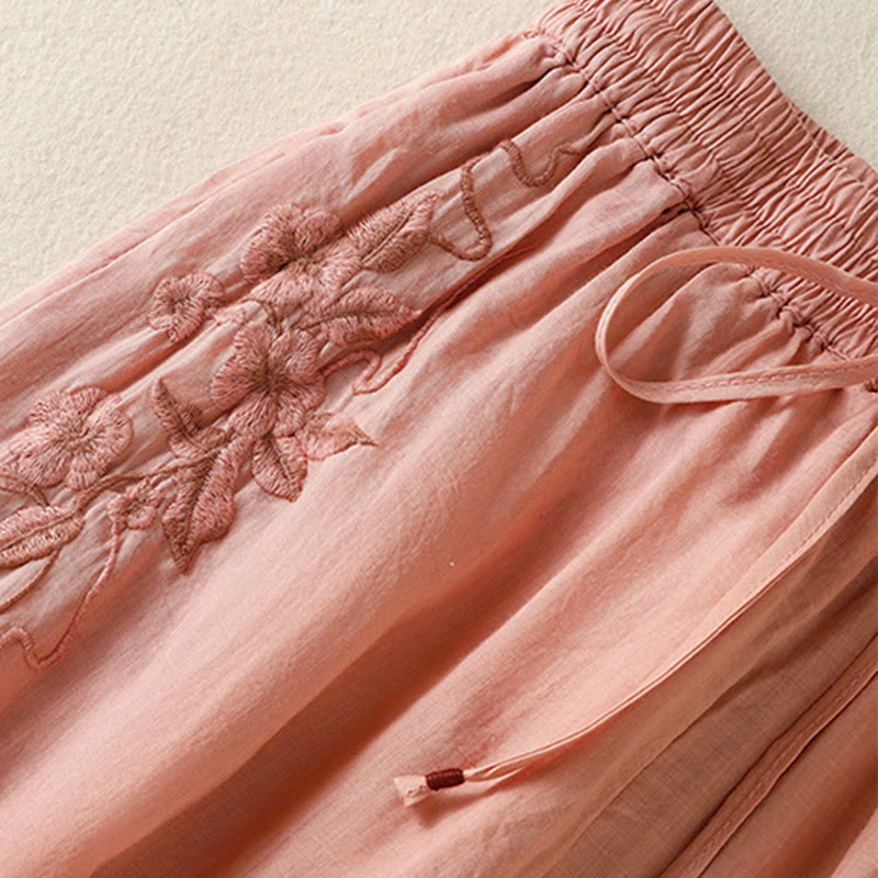 Buddha Stones Commute Embroidery Drawstring Women's Cotton Wide Leg Pants With Pockets - image 24