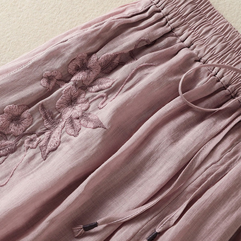 Buddha Stones Commute Embroidery Drawstring Women's Cotton Wide Leg Pants With Pockets - image 38