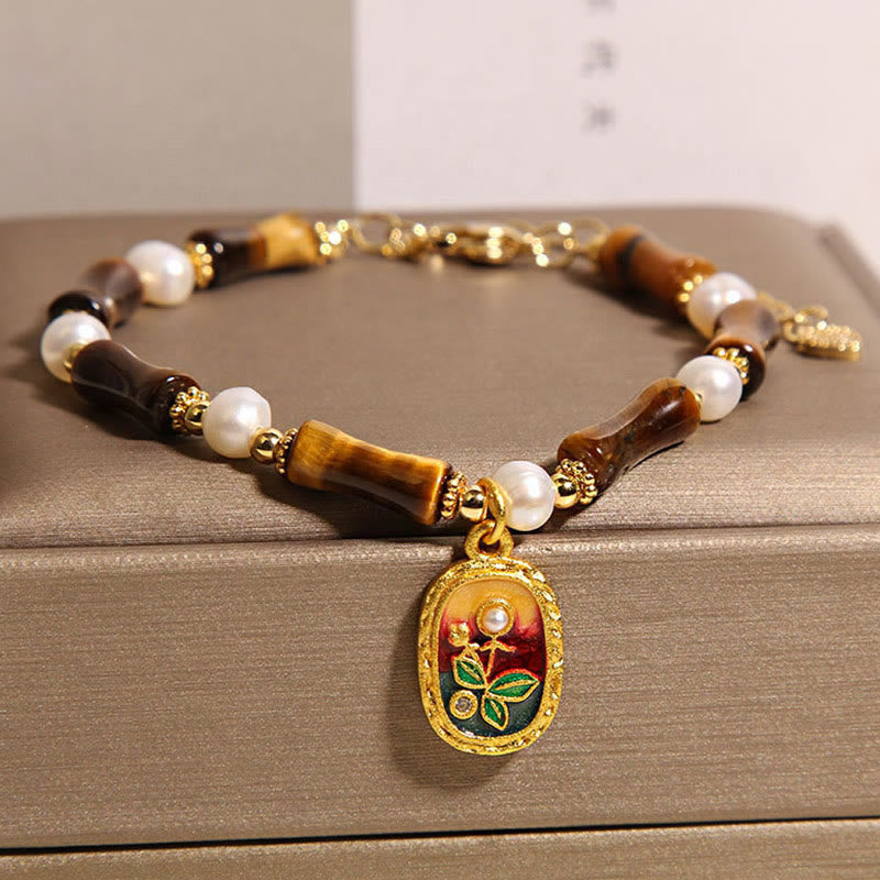 Bracelet de force Foviel en perles naturelles de bambou et œil de tigre