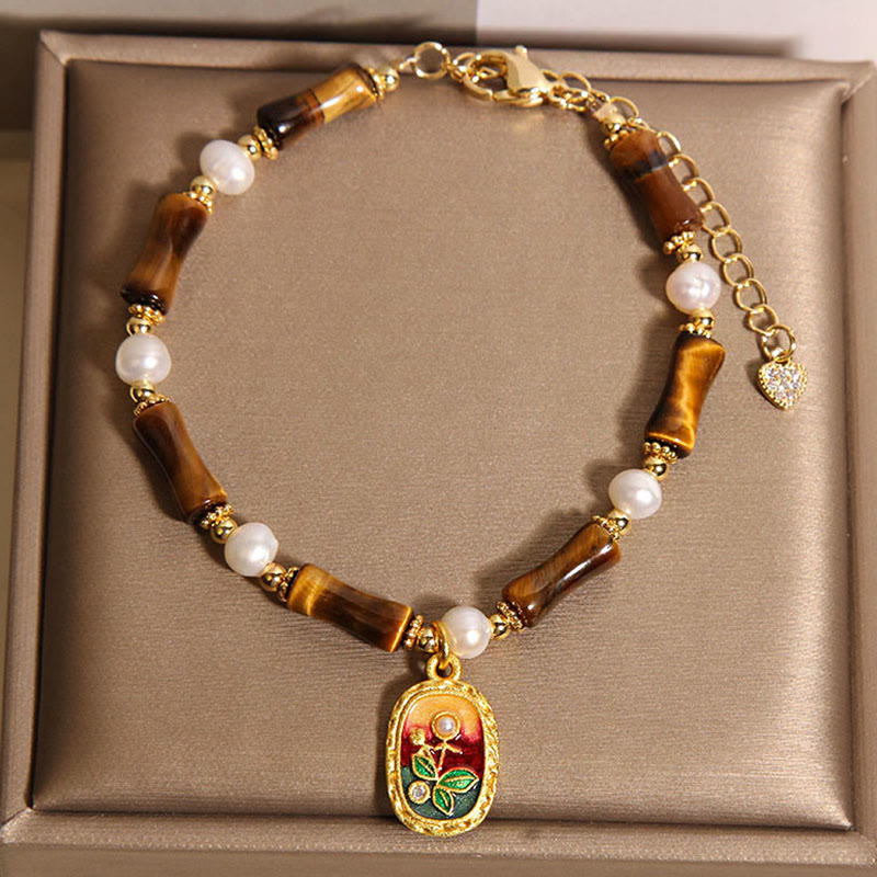 Bracelet de force Foviel en perles naturelles de bambou et œil de tigre