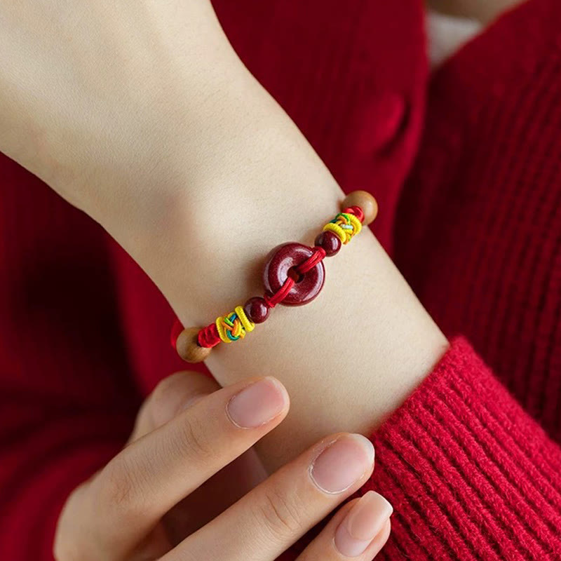 Bracelet de protection Foviel en fil rouge, bois de pêcher, boucle de paix et cinabre pour adulte et enfant