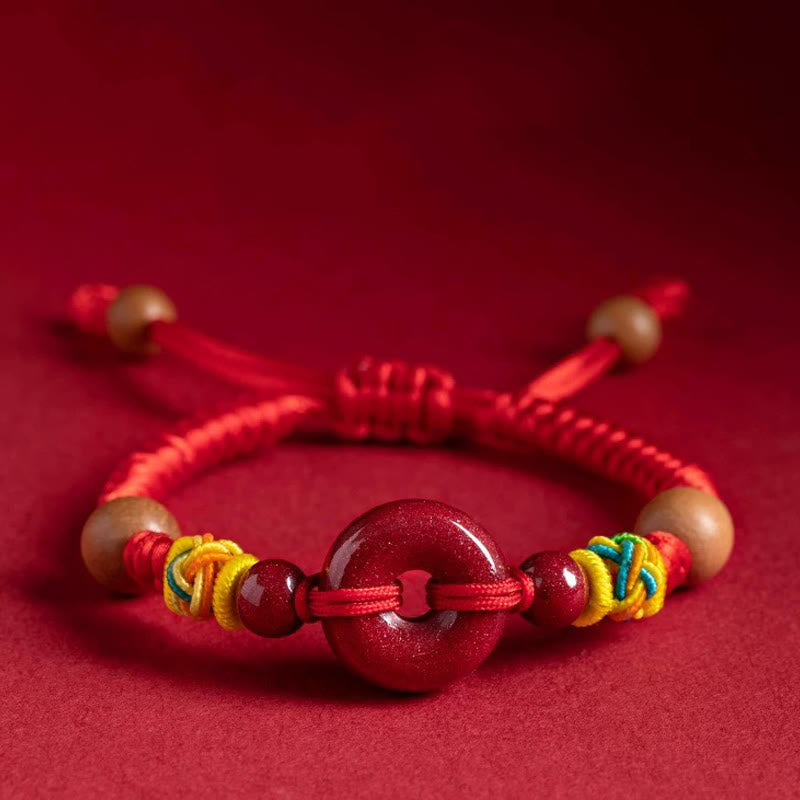Bracelet de protection Foviel en fil rouge, bois de pêcher, boucle de paix et cinabre pour adulte et enfant