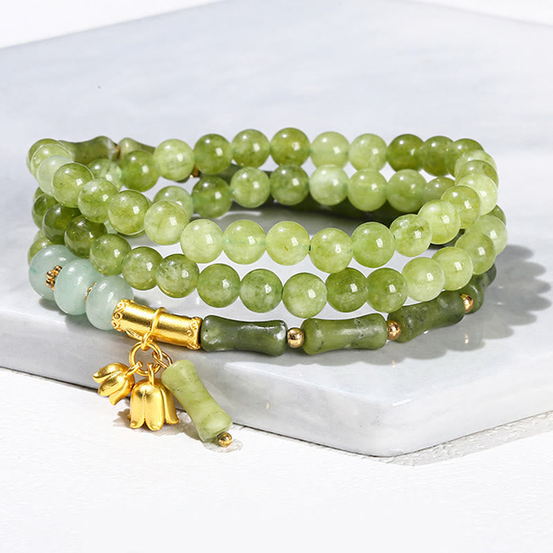 Foviel Retro Multilayer Lily of the Valley Bamboo Green Chalcedony Strength Bracelet