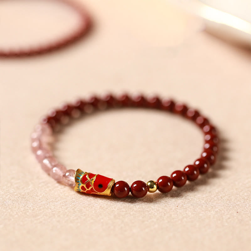 Buddha Stones Natural Cinnabar Pink Crystal Strawberry Quartz Lucky Koi Fish Blessing Bracelet - image 4
