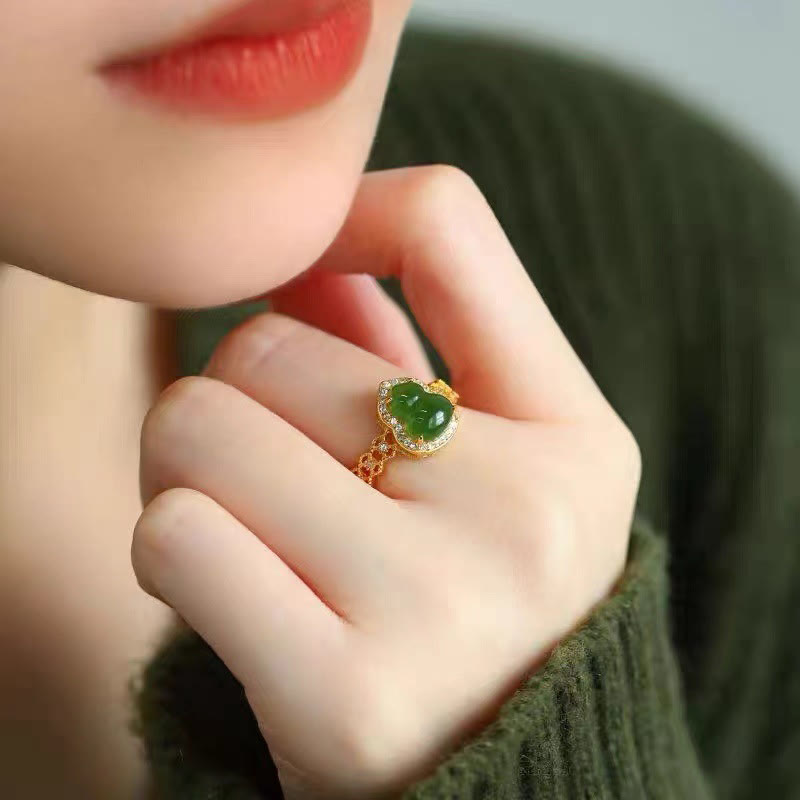 Buddha Stones Vintage Gourd Green Chalcedony Copper Plated Gold Adjustable Wealth Ring - image 16