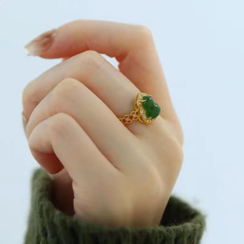 Buddha Stones Vintage Gourd Green Chalcedony Copper Plated Gold Adjustable Wealth Ring - image 14