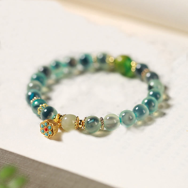 Buddha Stones Natural Colorful Candy Agate Golden Lotus Pod Healing Bracelet - Blue Candy Agate(Wrist Circumference: 14-15cm) - image 1