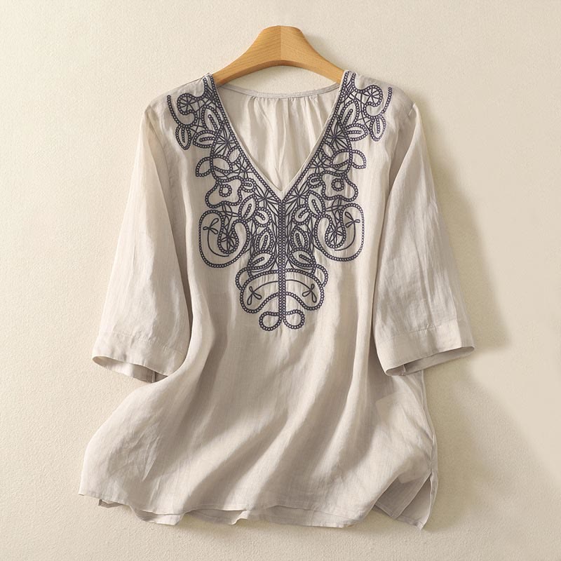 Buddha Stones Embroidered V-neck Casual Women's Half Sleeve T-shirt - Beige - US14,UK/AU18,EU46 (2XL) - image 0
