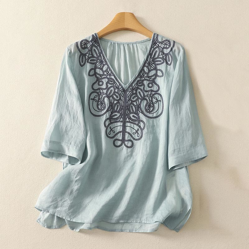 Buddha Stones Embroidered V-neck Casual Women's Half Sleeve T-shirt - PaleTurquoise - US14,UK/AU18,EU46 (2XL) - image 6