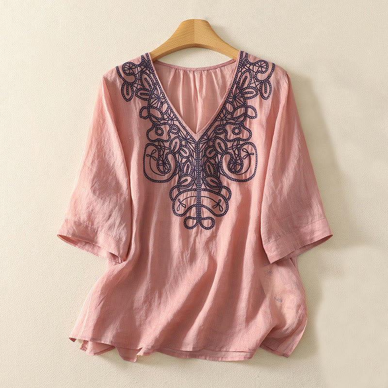 Buddha Stones Embroidered V-neck Casual Women's Half Sleeve T-shirt - LightCoral - US14,UK/AU18,EU46 (2XL) - image 12