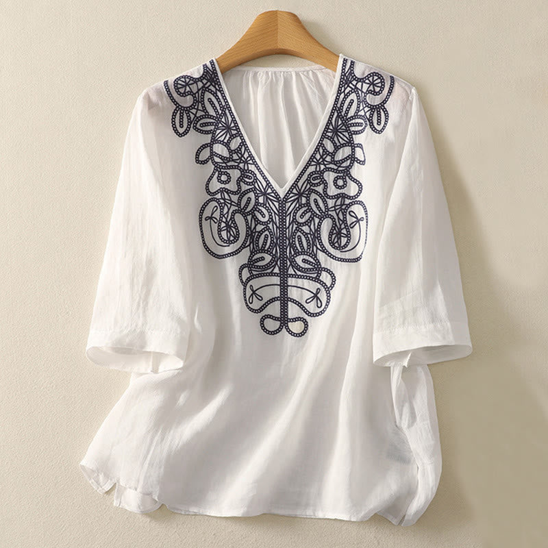 Buddha Stones Embroidered V-neck Casual Women's Half Sleeve T-shirt - White - US14,UK/AU18,EU46 (2XL) - image 18