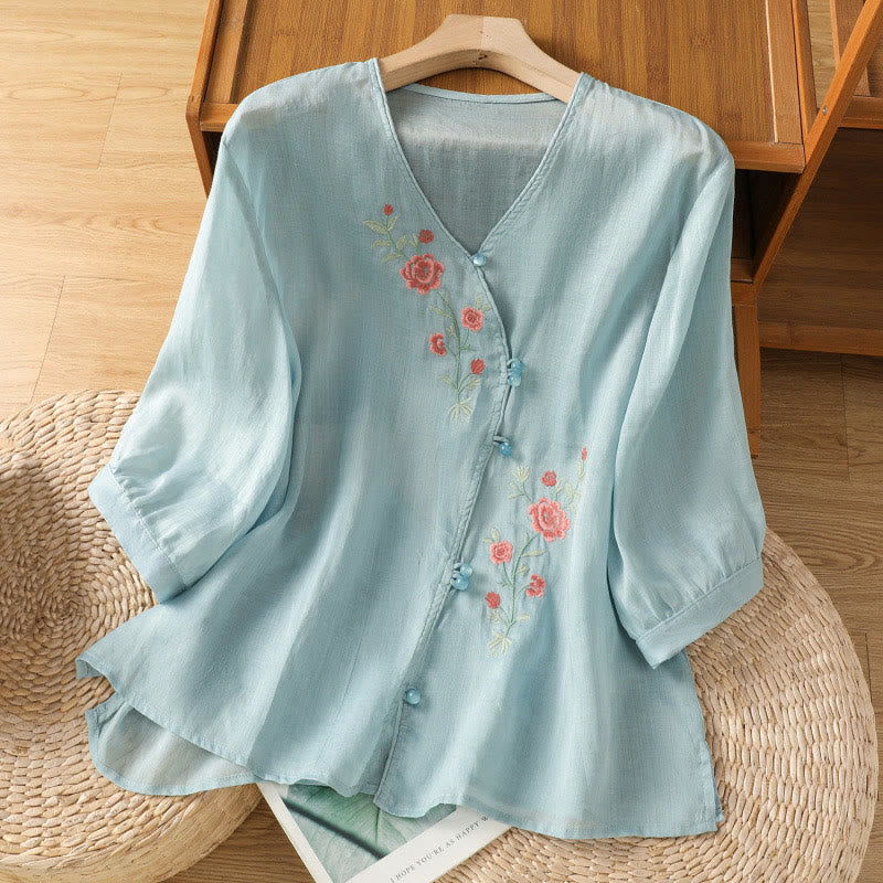 Buddha Stones Embroidered Flowers Cotton Women's V-neck Shirt - LightSkyBlue - US12,UK/AU16,EU44 (2XL) - image 4