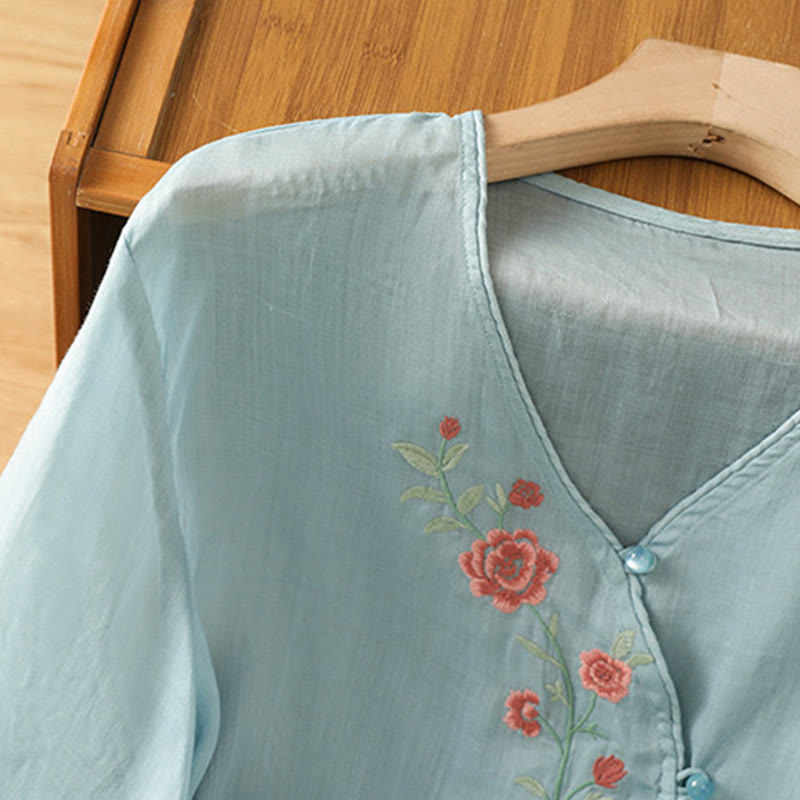 Buddha Stones Embroidered Flowers Cotton Women's V-neck Shirt - image 7