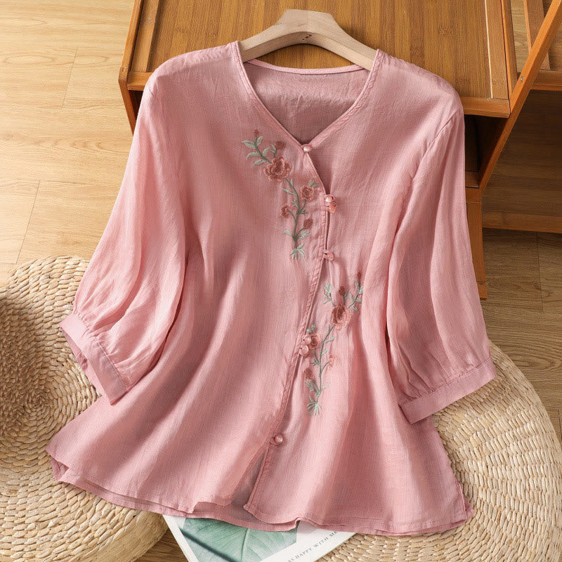 Buddha Stones Embroidered Flowers Cotton Women's V-neck Shirt - LightPink - US12,UK/AU16,EU44 (2XL) - image 14