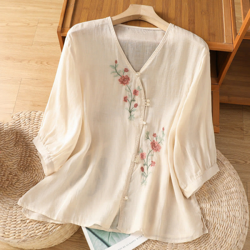 Buddha Stones Embroidered Flowers Cotton Women's V-neck Shirt - PapayaWhip - US12,UK/AU16,EU44 (2XL) - image 1