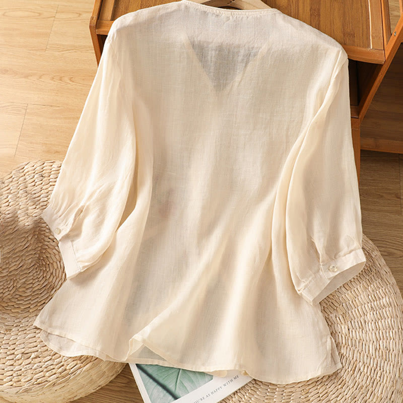 Buddha Stones Embroidered Flowers Cotton Women's V-neck Shirt - image 3