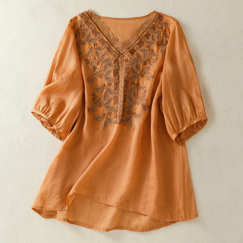 Buddha Stones Embroidered Lace Casual Women's Cotton Linen Half Sleeve T-shirt - Chocolate - US8-10,UK/AU12-14,EU40-42 (2XL) - image 1