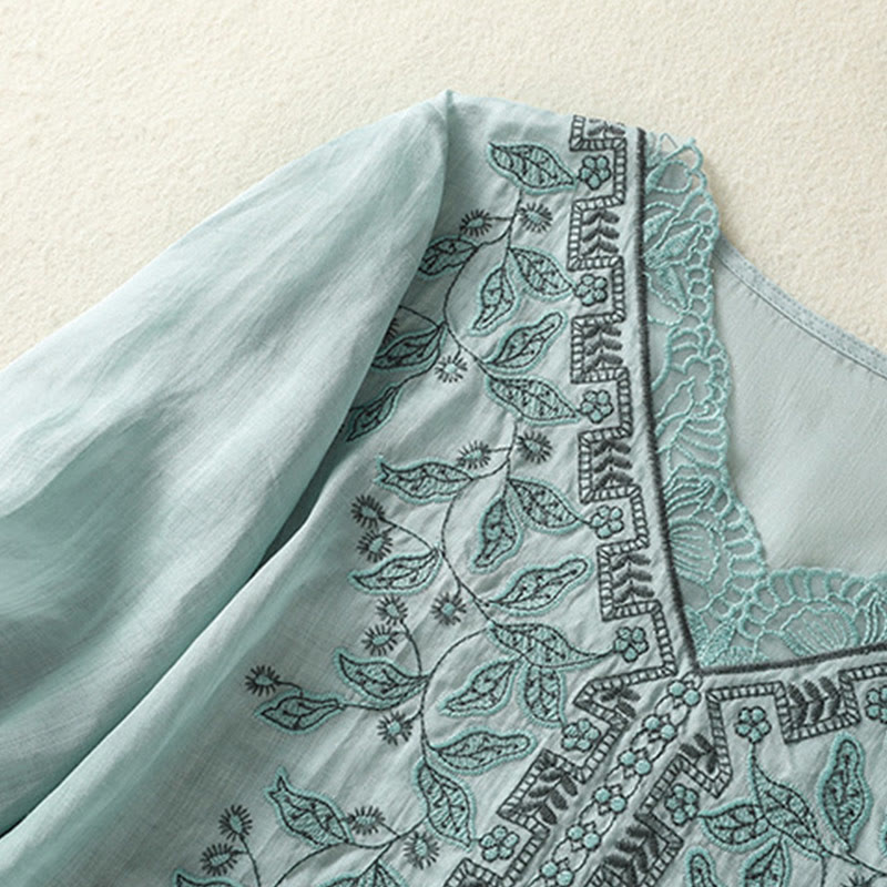 Buddha Stones Embroidered Lace Casual Women's Cotton Linen Half Sleeve T-shirt - image 12