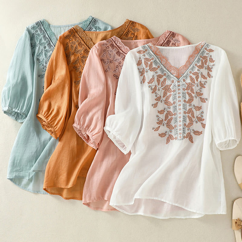 Buddha Stones Embroidered Lace Casual Women's Cotton Linen Half Sleeve T-shirt - image 36