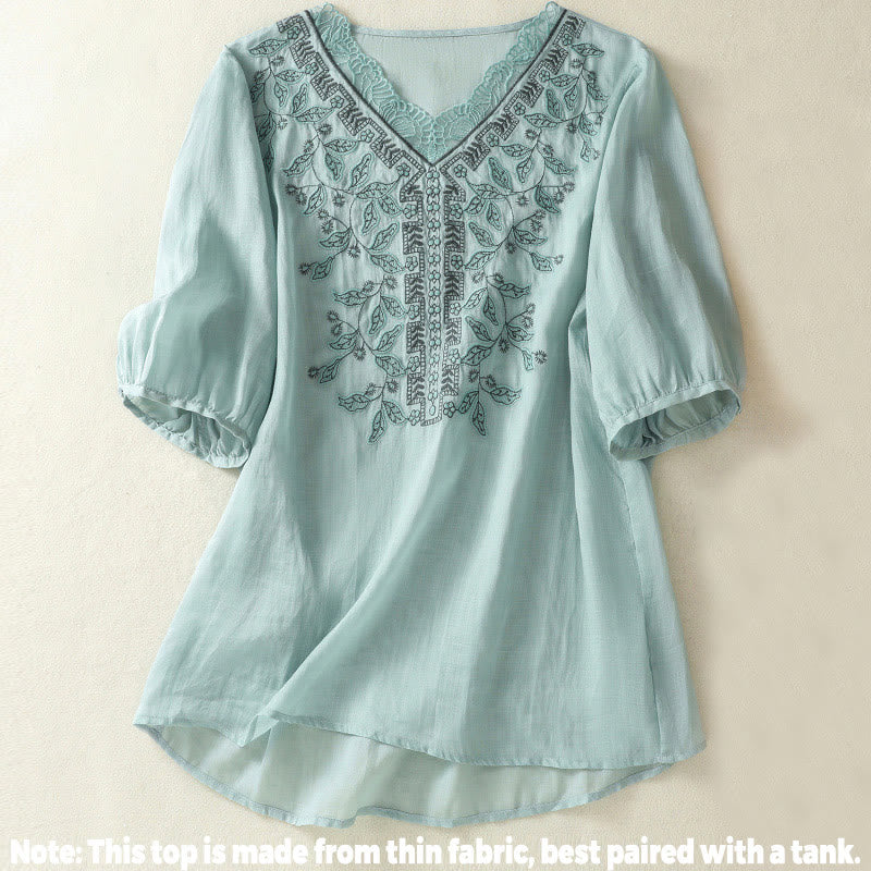 Buddha Stones Embroidered Lace Casual Women's Cotton Linen Half Sleeve T-shirt - image 10