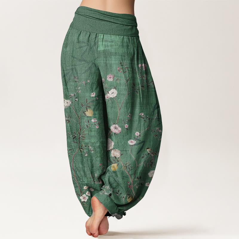 Buddha Stones Pure Cotton Pink White Flowers Bamboo Leaves Fruits Design Women's Elastic Waist Harem Pants - image 8