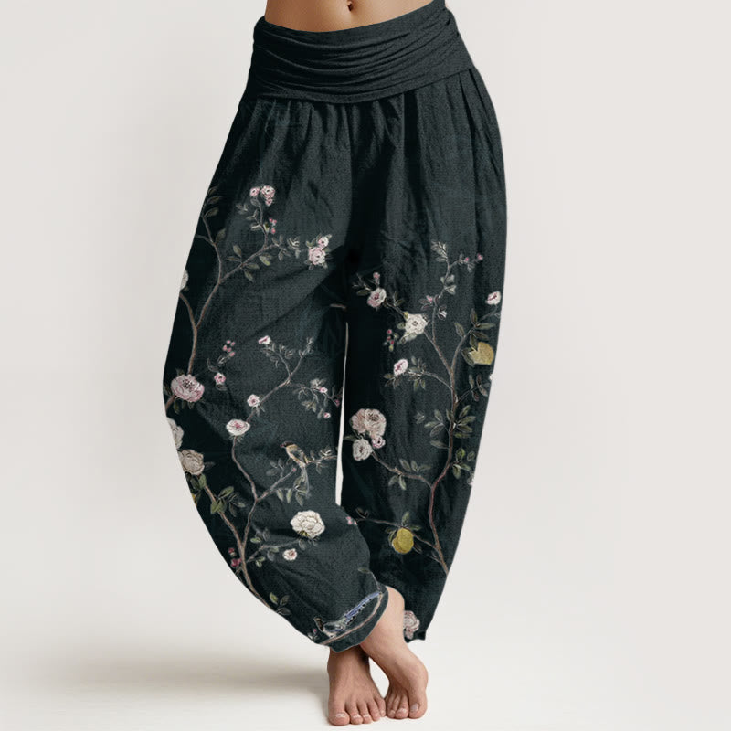 Buddha Stones Pure Cotton Pink White Flowers Bamboo Leaves Fruits Design Women's Elastic Waist Harem Pants - Black - US22,UK/AU26,EU54 (6XL) - image 10