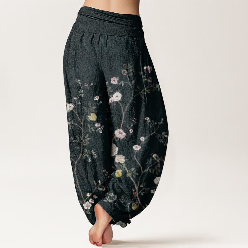 Buddha Stones Pure Cotton Pink White Flowers Bamboo Leaves Fruits Design Women's Elastic Waist Harem Pants - image 11