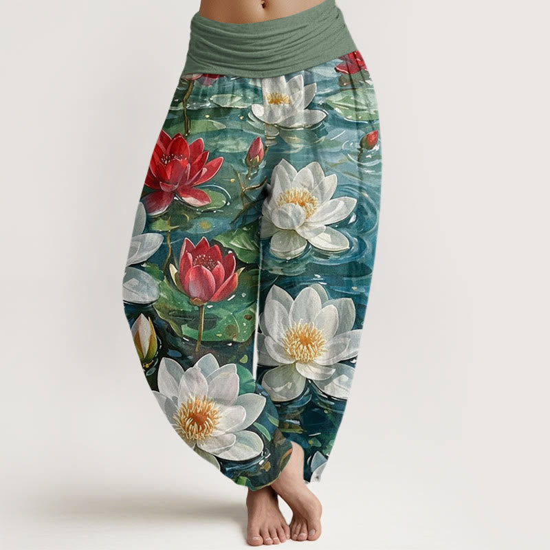 Buddha Stones Cotton Casual Blooming Red Lotus Flower Pattern Women's Elastic Waist Harem Pants - ForestGreen - US22,UK/AU26,EU54 (6XL) - image 0