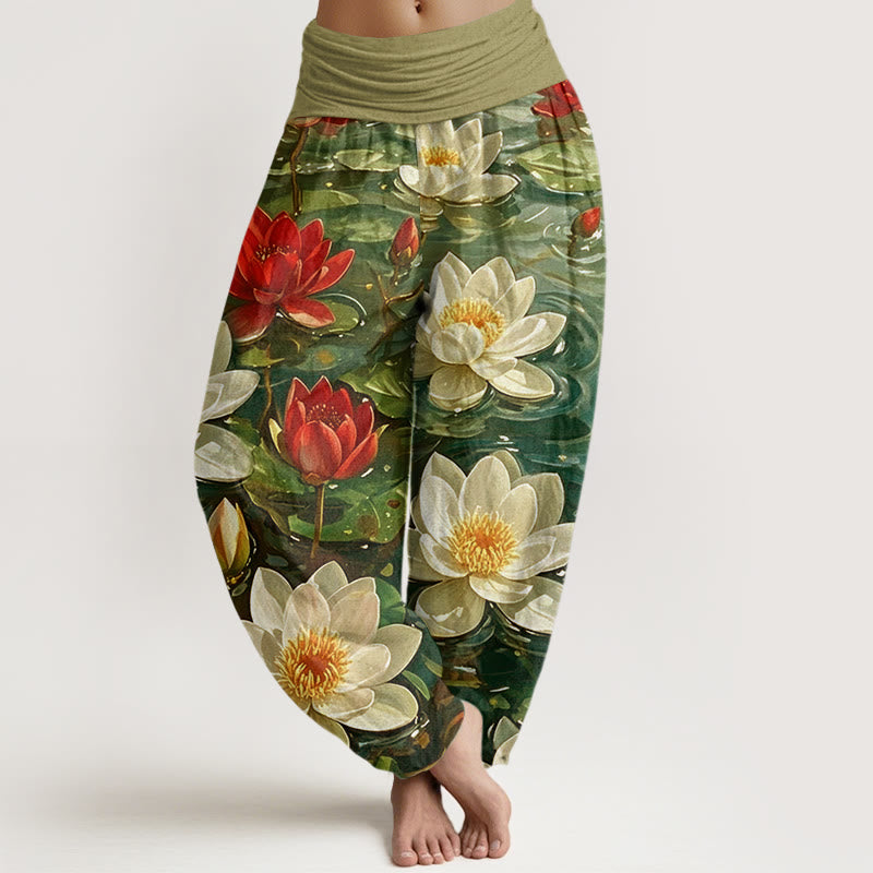 Buddha Stones Cotton Casual Blooming Red Lotus Flower Pattern Women's Elastic Waist Harem Pants - Olive - US22,UK/AU26,EU54 (6XL) - image 7