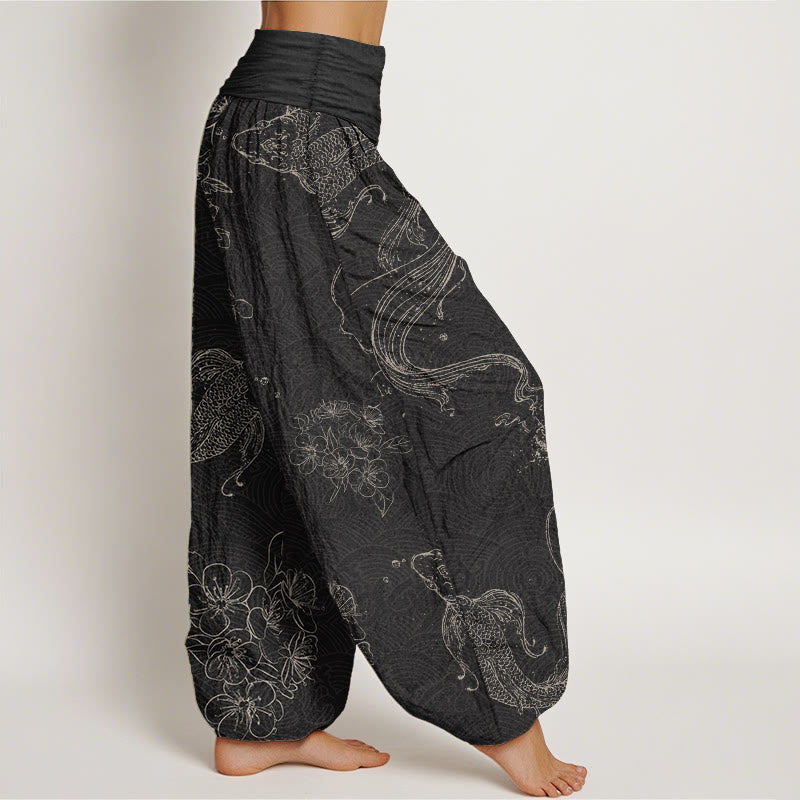 Pantalon sarouel pour femme Foviel en pur coton à motif floral et poissons koï avec taille élastique