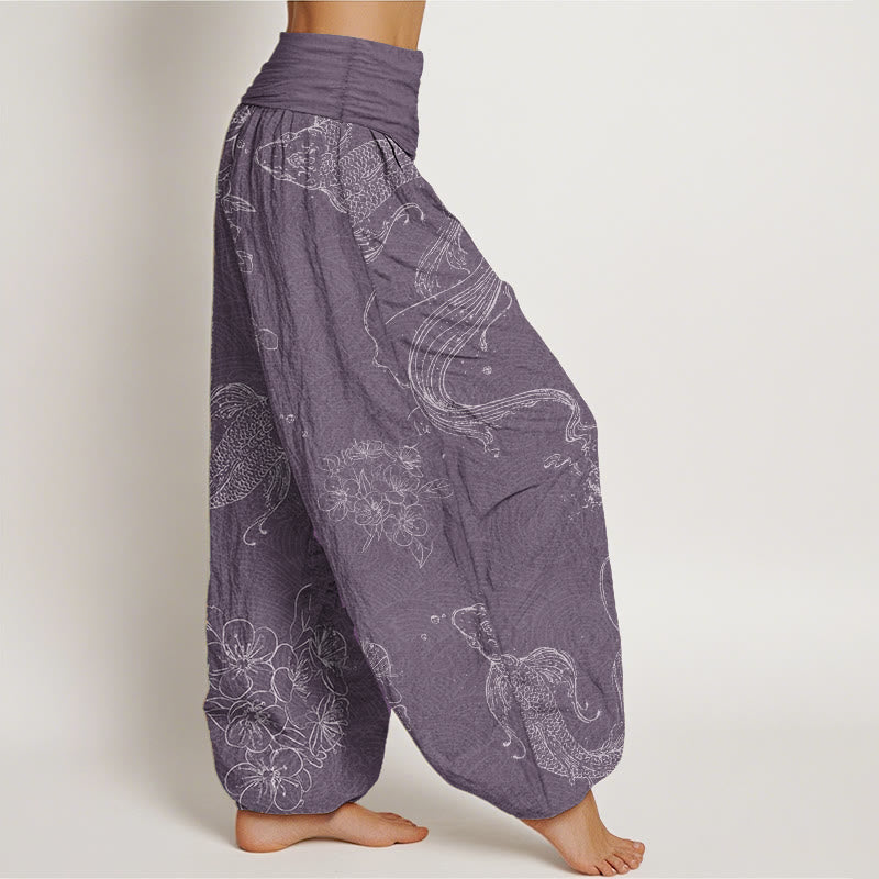 Pantalon sarouel pour femme Foviel en pur coton à motif floral et poissons koï avec taille élastique
