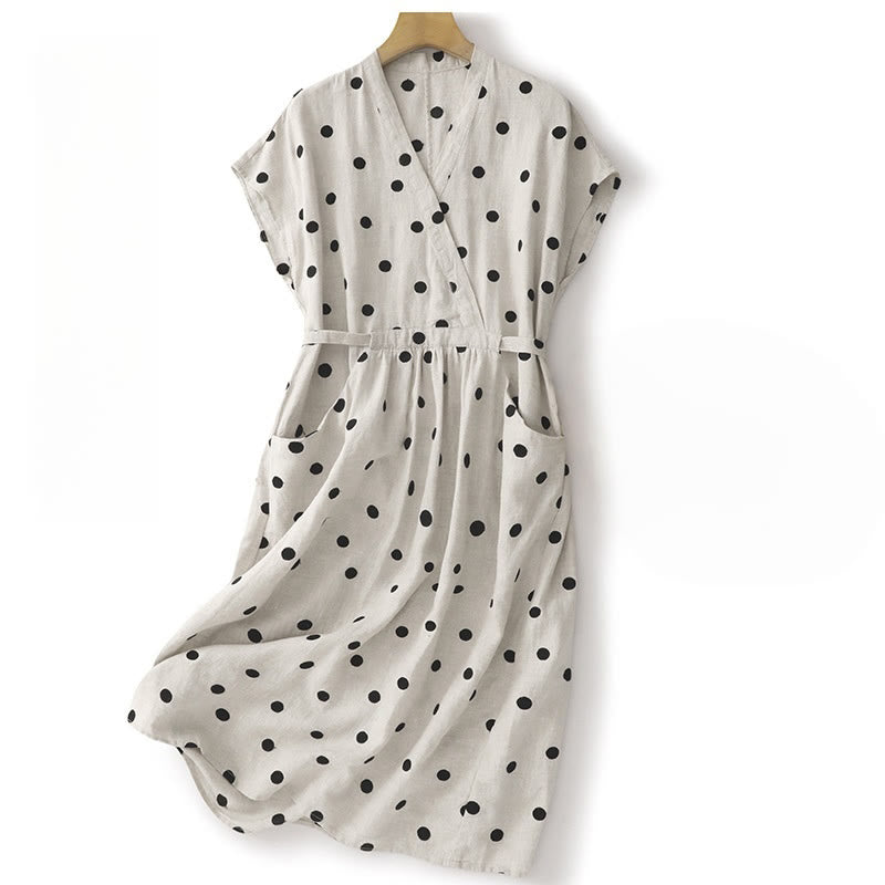 Buddha Stones Polka Dot V-Neck Lace-up Women's Midi Dress With Pockets - White - US8-10,UK/AU12-14,EU40-42 (2XL) - image 8
