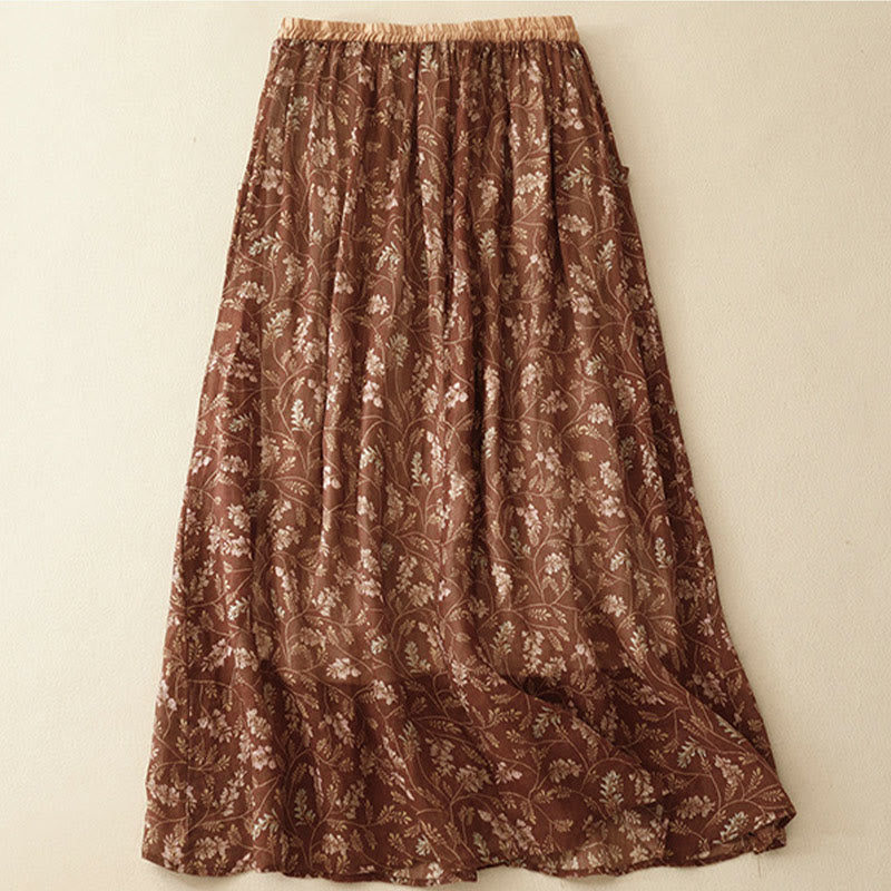 Buddha Stones Floral A-line Elastic Waist Cotton Linen Women's Skirt With Pockets - image 3