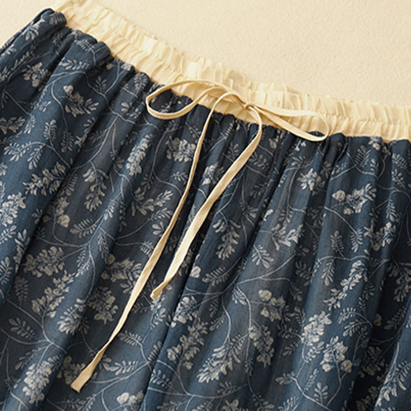 Buddha Stones Floral A-line Elastic Waist Cotton Linen Women's Skirt With Pockets - image 13