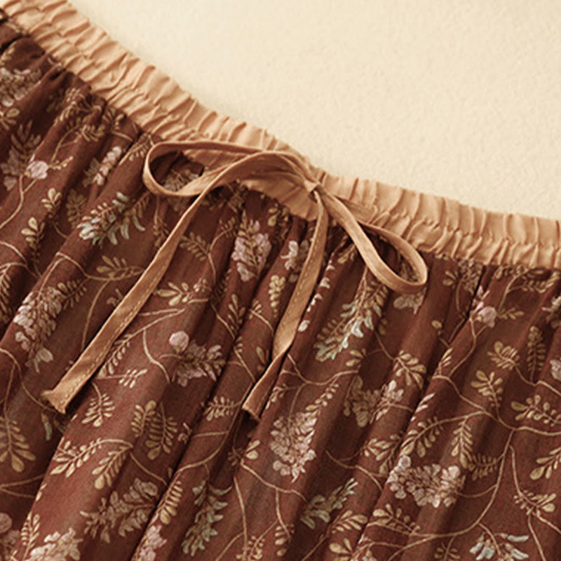 Buddha Stones Floral A-line Elastic Waist Cotton Linen Women's Skirt With Pockets - image 4