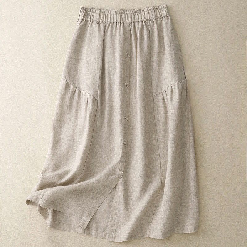 Buddha Stones A-line Buttons Slit Design Elastic Waist Cotton Women's Skirt With Pockets - Linen - US12,UK/AU16,EU44 (2XL) - image 11