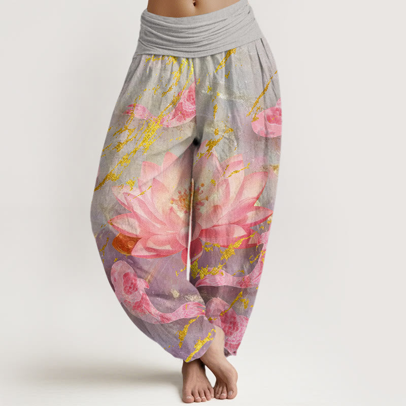 Buddha Stones Cotton Casual Lotus Flower Koi Fish Pattern Women's Harem Pants - DarkGray - US22,UK/AU26,EU54 (6XL) - image 0