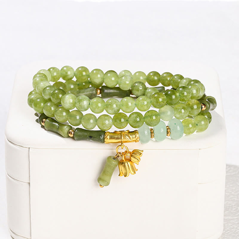 Foviel Retro Multilayer Lily of the Valley Bamboo Green Chalcedony Strength Bracelet