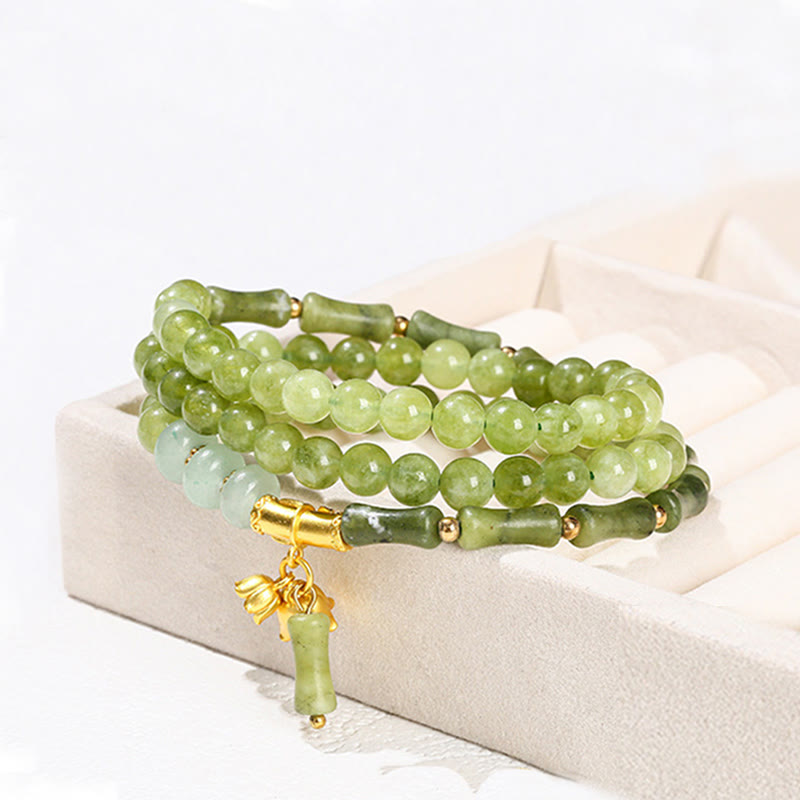 Foviel Retro Multilayer Lily of the Valley Bamboo Green Chalcedony Strength Bracelet
