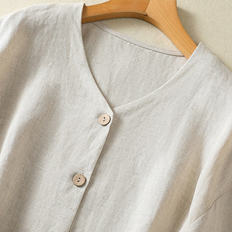 Buddha Stones Casual Spring Plain Buttons Design V-Neck Long Sleeve Women's Cotton Linen Shirt - image 3