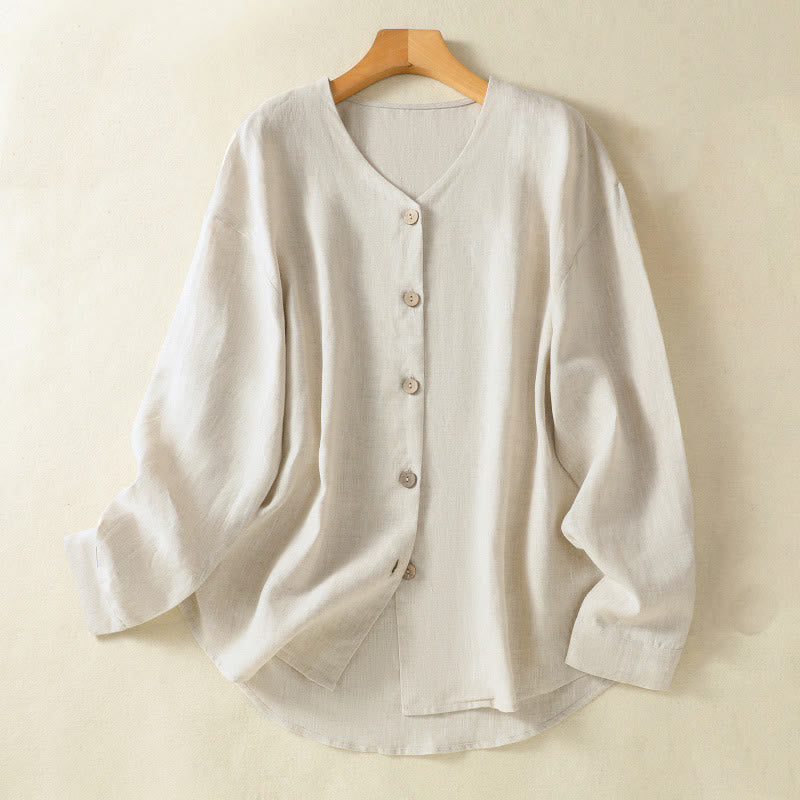 Buddha Stones Casual Spring Plain Buttons Design V-Neck Long Sleeve Women's Cotton Linen Shirt - Linen - US14,UK/AU18,EU46 (2XL) - image 1