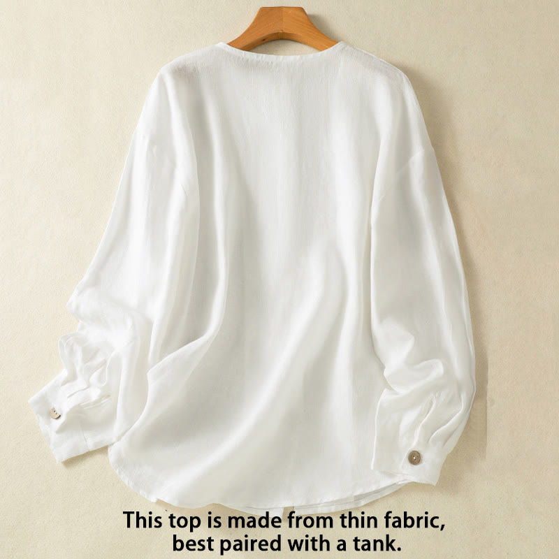 Buddha Stones Casual Spring Plain Buttons Design V-Neck Long Sleeve Women's Cotton Linen Shirt - image 11