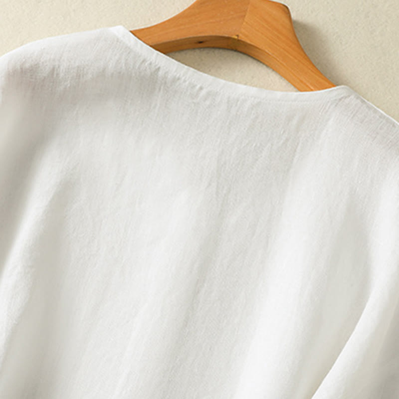 Buddha Stones Casual Spring Plain Buttons Design V-Neck Long Sleeve Women's Cotton Linen Shirt - image 14