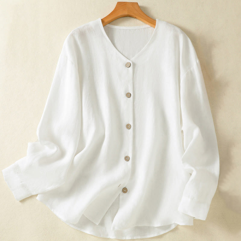 Buddha Stones Casual Spring Plain Buttons Design V-Neck Long Sleeve Women's Cotton Linen Shirt - White - US14,UK/AU18,EU46 (2XL) - image 10